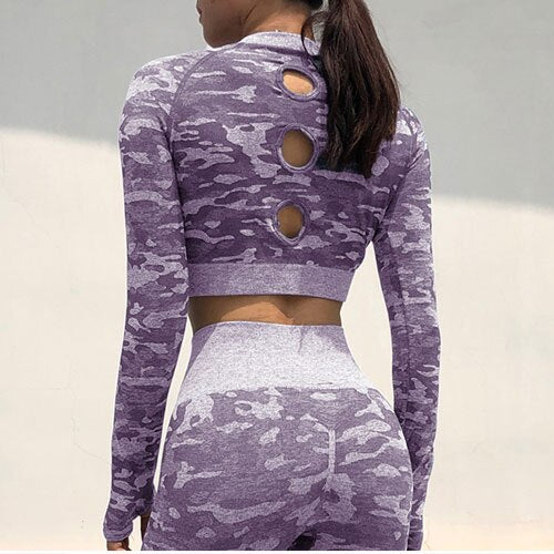 Workout Clothes for Women Camouflage Yoga Set 2 Piece Gym Fitness clothing Long Sleeve Crop Top Legging Pants Running Sport suit