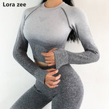 LORA ZEE Women's Seamless Yoga Tops Long Sleeve Sport Crop Top With Thumb Hole Pink Dri Fit Gym Sport Shirts - unitedstatesgoods