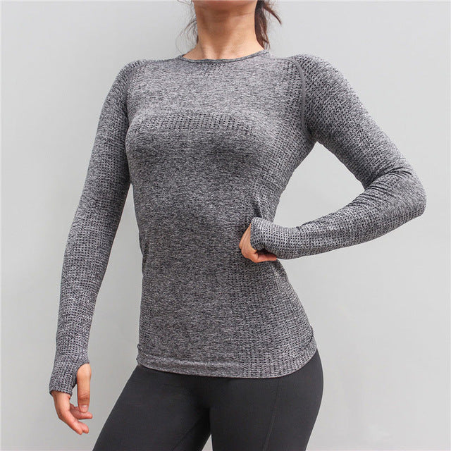 New Women Gym Yoga Shirts Tees Thumb Hole Seamless Long Sleeve Slim Workout Tops Fitness Running Sport T-Shirts Sportswear - unitedstatesgoods