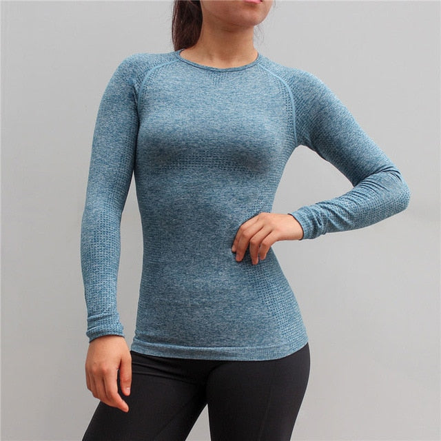 New Women Gym Yoga Shirts Tees Thumb Hole Seamless Long Sleeve Slim Workout Tops Fitness Running Sport T-Shirts Sportswear - unitedstatesgoods