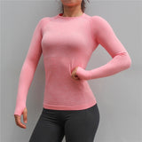 New Women Gym Yoga Shirts Tees Thumb Hole Seamless Long Sleeve Slim Workout Tops Fitness Running Sport T-Shirts Sportswear - unitedstatesgoods