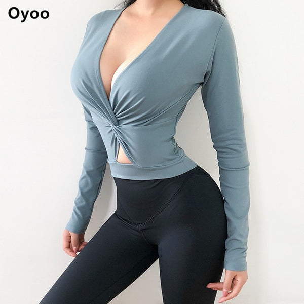 Oyoo Cute V neck twist yoga top long sleeves pink workout tops for women slim fit blue gym crop top super sexy sport shirt - unitedstatesgoods