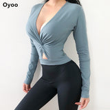 Oyoo Cute V neck twist yoga top long sleeves pink workout tops for women slim fit blue gym crop top super sexy sport shirt - unitedstatesgoods
