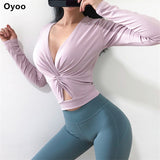 Oyoo Cute V neck twist yoga top long sleeves pink workout tops for women slim fit blue gym crop top super sexy sport shirt - unitedstatesgoods