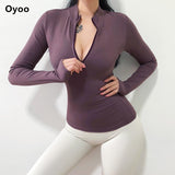 Oyoo women's army green workout jersey long sleeve pink sport top winter gym sweater half zip yoga shirt with thumb hole - unitedstatesgoods