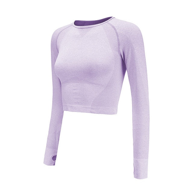 Seamless Crop Top For Women Gym Pink Long Sleeve Workout Fitness Sports Top With Thumb Hole Fitted Skinny Energy Yoga Shirts - unitedstatesgoods