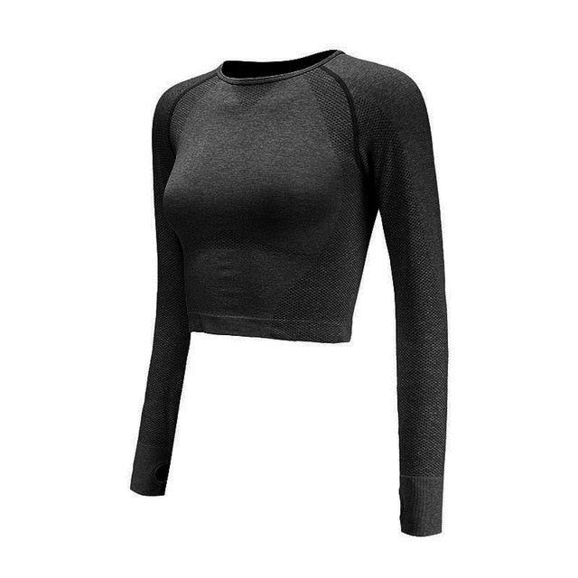 Seamless Crop Top For Women Gym Pink Long Sleeve Workout Fitness Sports Top With Thumb Hole Fitted Skinny Energy Yoga Shirts - unitedstatesgoods
