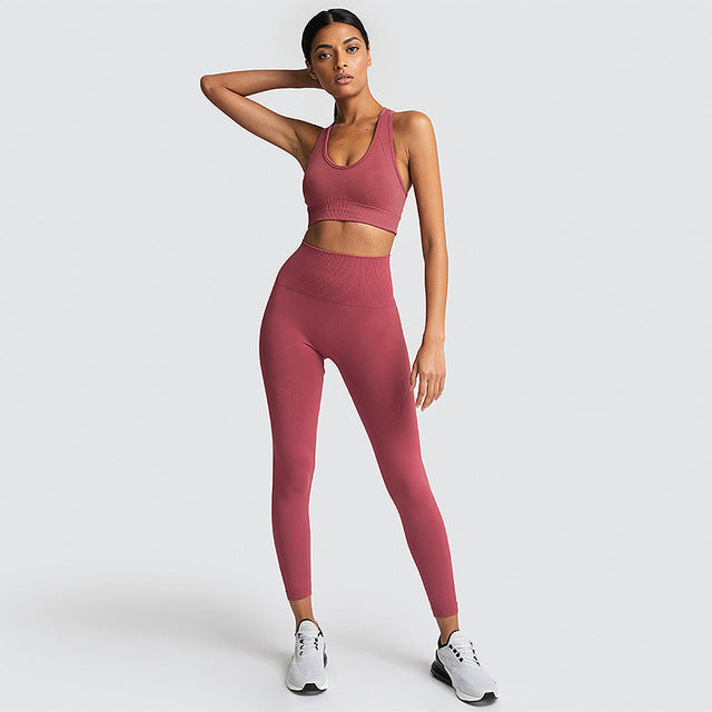 Seamless Gym Set Nylon Woman Sportswear 2 Piece Exercise Leggings Padded Sports Bras Women Fitness Wear Yoga Sets Sports Suits L - unitedstatesgoods