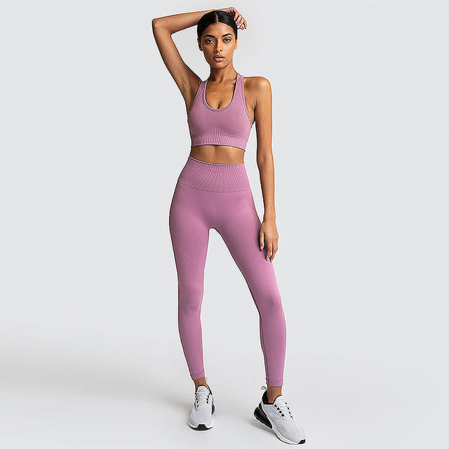 Seamless Gym Set Nylon Woman Sportswear 2 Piece Exercise Leggings Padded Sports Bras Women Fitness Wear Yoga Sets Sports Suits L - unitedstatesgoods