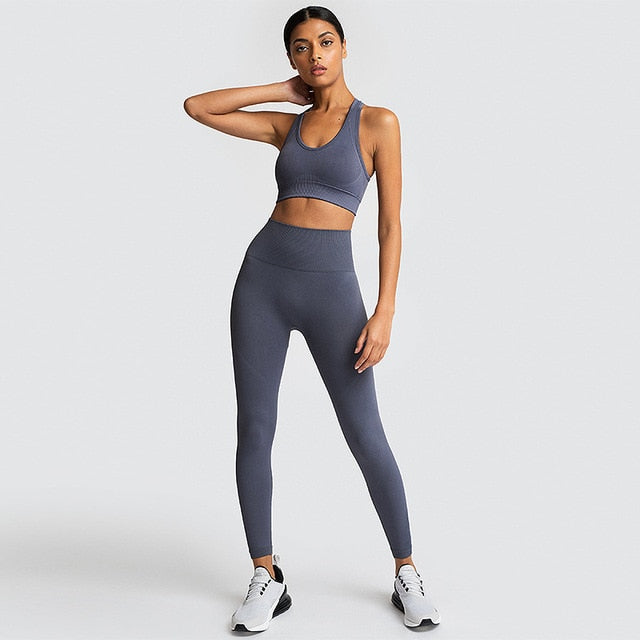 Seamless Gym Set Nylon Woman Sportswear 2 Piece Exercise Leggings Padded Sports Bras Women Fitness Wear Yoga Sets Sports Suits L - unitedstatesgoods