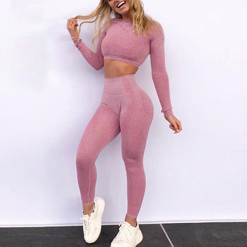 Seamless Yoga Suit 2 piece Sports Shirts Crop Top Seamless Leggings Sport Set Gym Clothes Fitness Tracksuit Workout Set Femme - unitedstatesgoods
