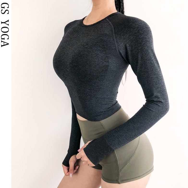 Sexy Crop Top High Stretchy Tumb Hole Workout Shirts For Women Long Sleeve Fitness Yoga Top Seamles Sport Shirt For Gym clothes - unitedstatesgoods