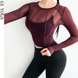 Sexy Women Perspective Sports Wear  Gym Super Quick Dry Yoga Shirts Long Sleeve Fitness Activewear Patchwork Sport Crop Top - unitedstatesgoods