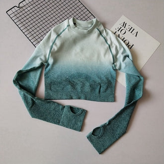 Vutru Yoga Shirts Women Ombre Crop Top High Stretchy Long Sleeve Fitness Shirt with Thumb Holes Seamless Gym Wear for Women - unitedstatesgoods