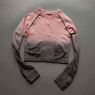 Vutru Yoga Shirts Women Ombre Crop Top High Stretchy Long Sleeve Fitness Shirt with Thumb Holes Seamless Gym Wear for Women - unitedstatesgoods