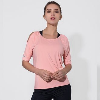 Women Cold Shoulder Half Sleeve Yoga Tops Mesh Black Cutout Gym Workout Sport T-shirt Loose Running Sports Tee Fitness Clothing - unitedstatesgoods