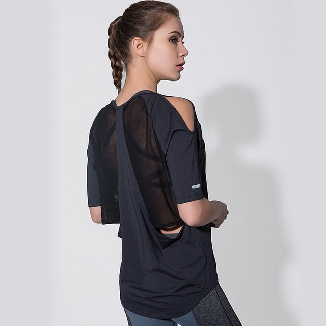 Women Cold Shoulder Half Sleeve Yoga Tops Mesh Black Cutout Gym Workout Sport T-shirt Loose Running Sports Tee Fitness Clothing - unitedstatesgoods