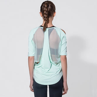 Women Cold Shoulder Half Sleeve Yoga Tops Mesh Black Cutout Gym Workout Sport T-shirt Loose Running Sports Tee Fitness Clothing - unitedstatesgoods