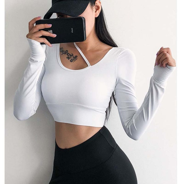 Women long sleeve Midriff  Sexy Sports T-shirt running clothing fitness shirt  training yoga Top  pad  gym top workout - unitedstatesgoods